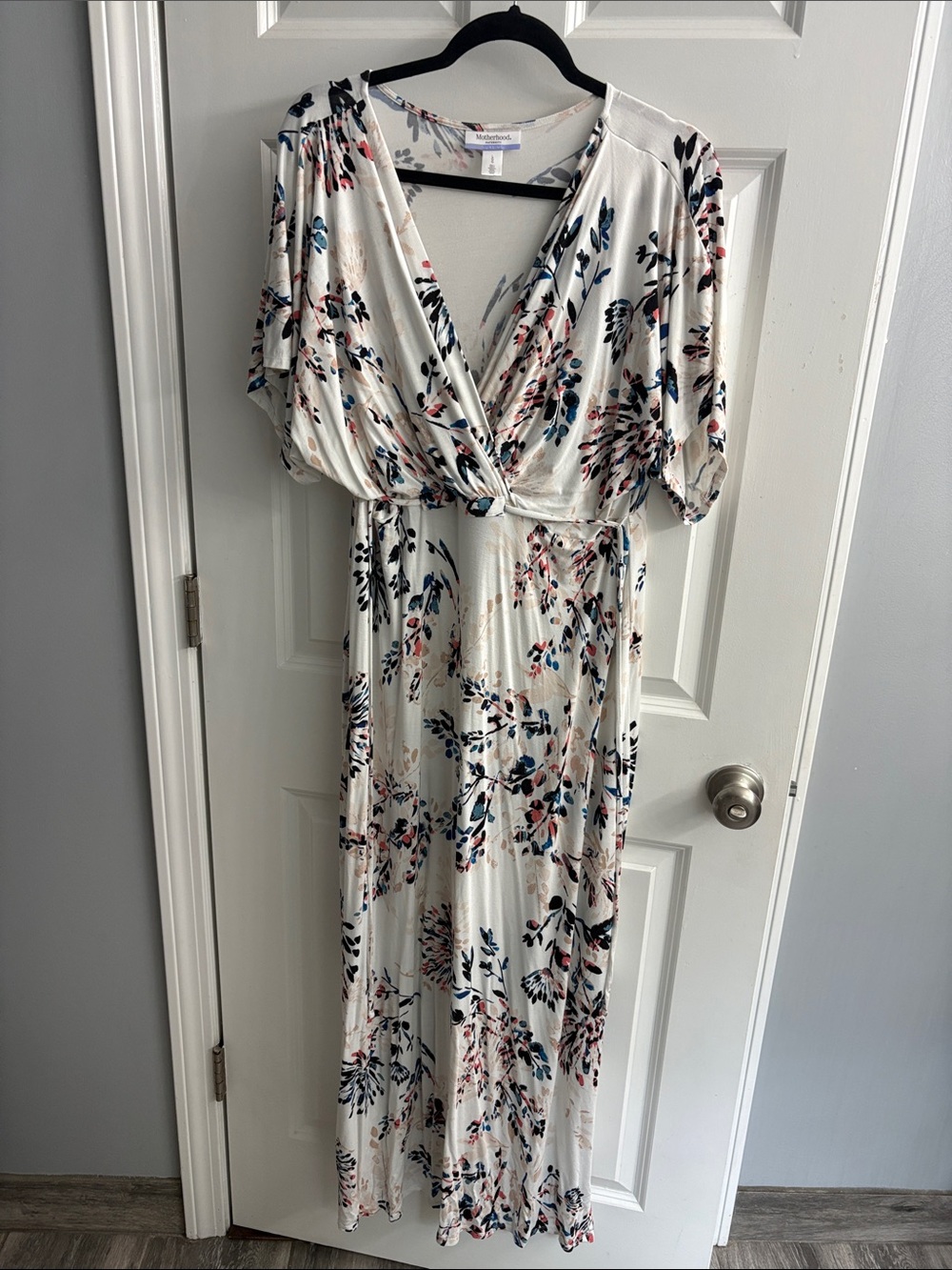 Motherhood Maternity Nursing Cream Maxi Dress with Blue & Pink Floral Print